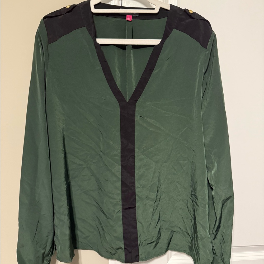 Green and Black V-Neck Vince Camino Silk Blouse